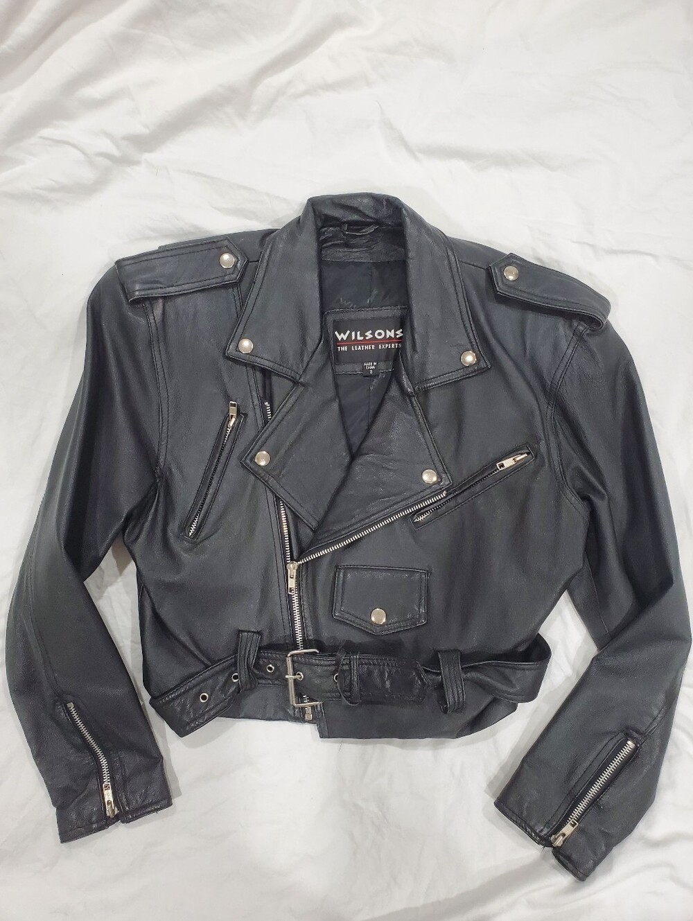 Vintage Wilsons Leather Women’s Size S Cropped Biker Jacket Black Belted 90's